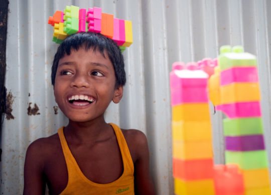 Balukhali, Bangladesh - 2018-07-29  - Yasin Arafat, 10, plays in the Centre for Disability in Development (CDD)/ CBM's inclusive child friendly space (CFS) at the Rohingya refugee camps in Balukhali, Bangladesh on July 29, 2018. Yasin is hearing and speech impaired and had difficulty interacting with others and would often wander aimlessly. Since joining the CFS his parents note improvement in his behaviour.