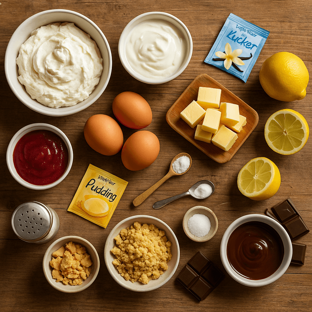 Backzutaten wie Quark, Zucker, Eier, Pudding, Schokolade, Zitrone auf einem Tisch